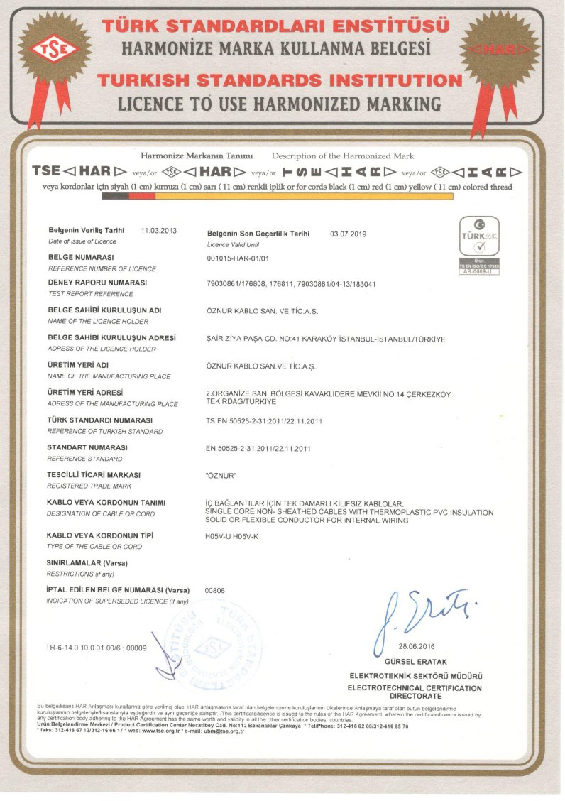 HAR H05V-U  H05V-K CERTIFICATES