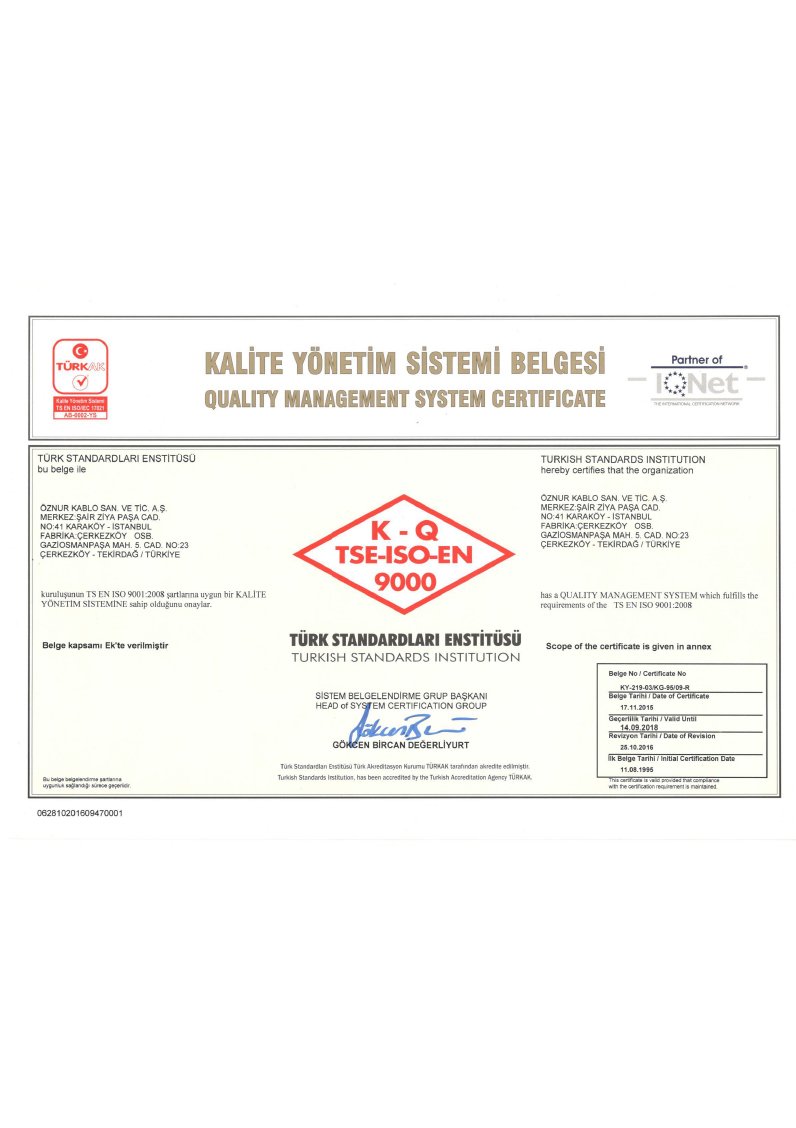 K-Q TSE-ISO-EN 9000 KALİTE YÖNETİM BELGESİ