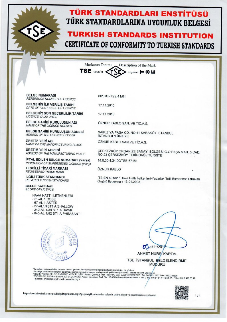 ALUMINUM OVERHEAD LINE CONDUCTORS TSE CERTIFICATE