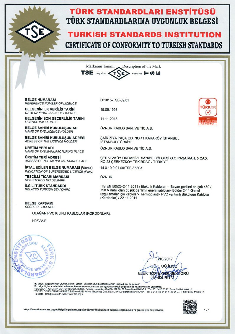 H05VV-F(TTR) TSE CERTIFICATES