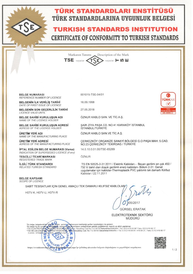 H07V-K,  H07V-U,  H07V-R, TSE CERTIFICATES