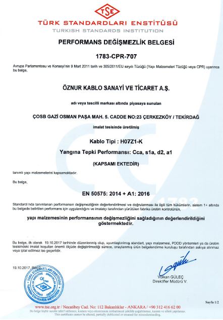 H07Z1-K Cca, s1a, d2, a1 TSE CPR BELGESİ