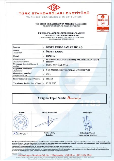 H05Z1-K 1x1mm²  Dca,S1a,d2,a1 TSE CPR CERTIFICATES