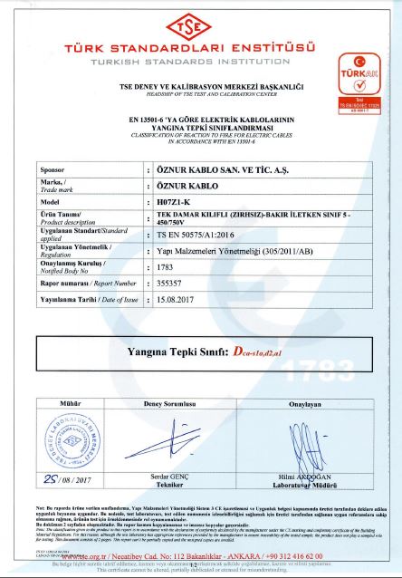 H07Z1-K 1x1,5mm²  Dca,S1a,d2,a1 TSE CPR CERTIFICATES