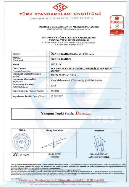 H07Z1-K 1x2,5mm²  Dca,S1a,d2,a1 TSE CPR BELGESİ