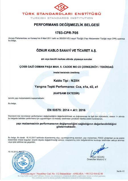 N2XH Cca, s1a, d2, a1 ÇOK DAMARLI TSE CPR BELGESİ