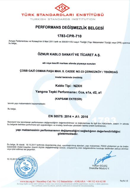 N2XH Cca, s1a, d2, a1 TEK DAMARLI TSE CPR BELGESİ