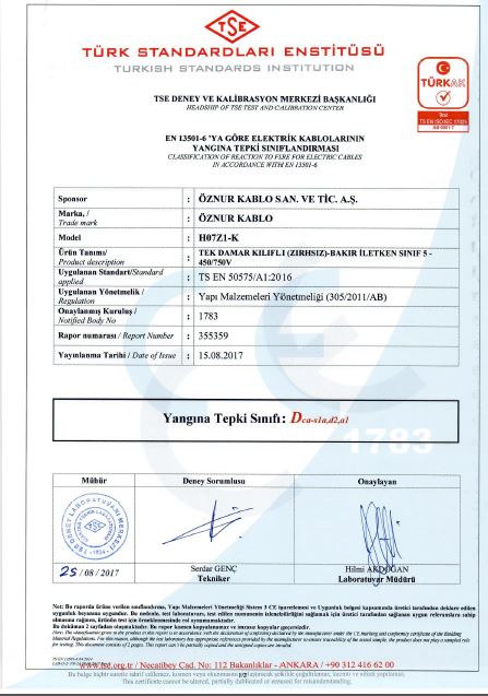 H07Z1-K 1x4mm²  Dca,S1a,d2,a1 TSE CPR CERTIFICATES