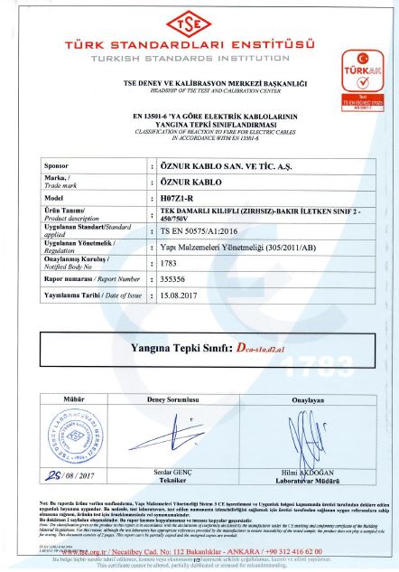 H07Z1-R 1x10mm² ve 1x240 mm² Arası  Dca,S1a,d2,a1 TSE CPR BELGESİ