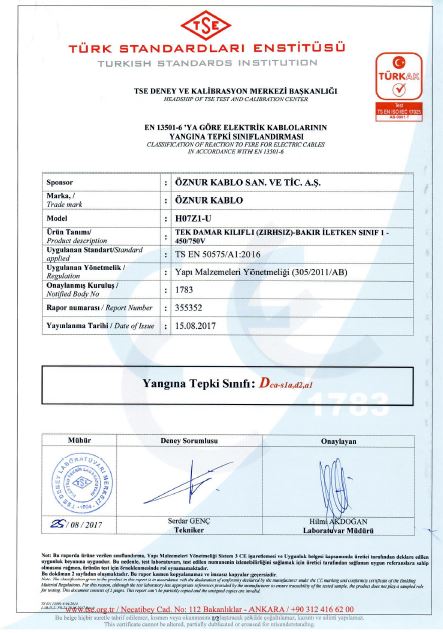 H07Z1-U 1x2,5mm²  Dca,S1a,d2,a1 TSE CPR BELGESİ