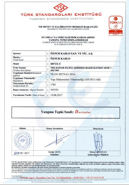 H07Z1-U 1x4mm²  Dca,S1a,d2,a1 TSE CPR BELGESİ