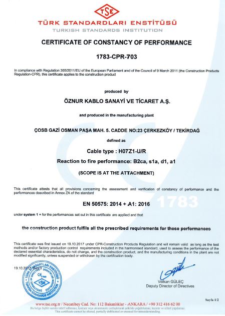 H07Z1-U-R B2ca, s1a, d1, a1 TSE CPR CERTIFICATES