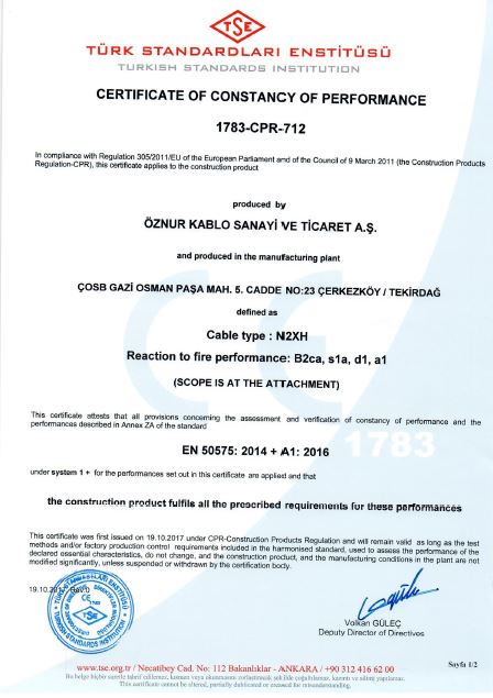 N2XH B2ca, s1a, d1, a1 SINGLE CORE  TSE CPR CERTIFICATES