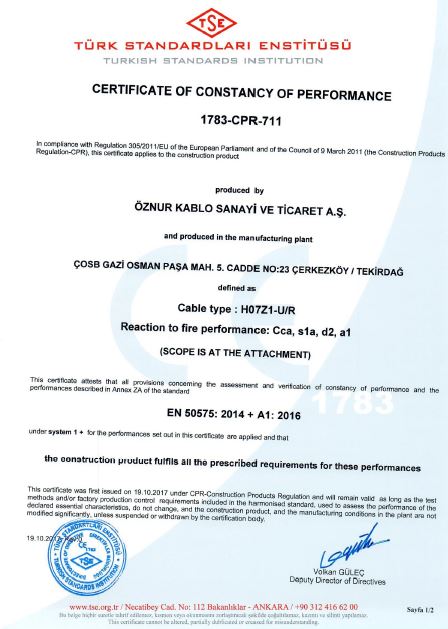 H07Z1-U-R Cca, s1a, d2, a1 TSE CPR CERTIFICATES