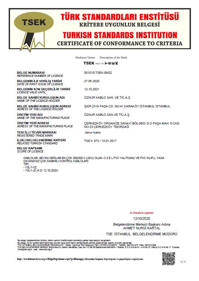 YSLY CONTROL CABLES TSEK CERTIFICATES
