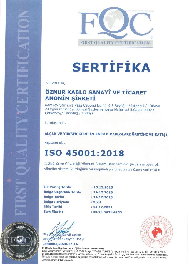 ISO 45001 OCCUPATIONAL HEALTH AND SAFETY CERTIFICATE