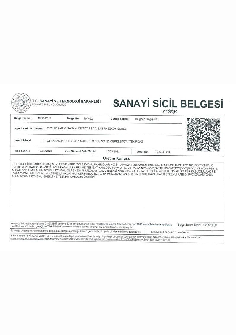 ÖZNUR KABLO SAN. ve TİC. AŞ.- INDUSTRIAL REGISTRY DOCUMENT