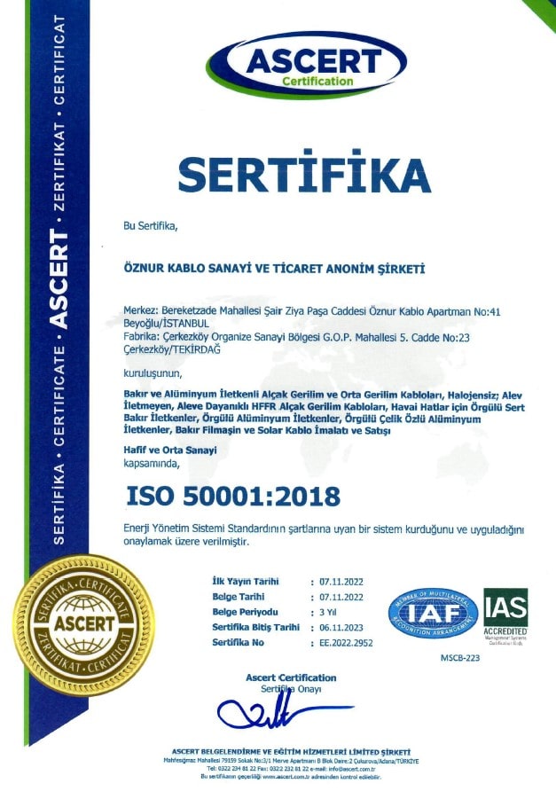ISO 50001 ENERJİ YÖNETİM SİSTEMİ BELGESİ