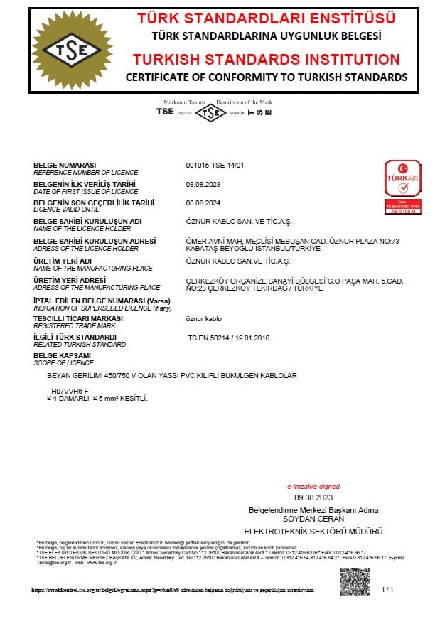 H07VVH6-F FLAT TTR CABLE TSE CERTIFICATE