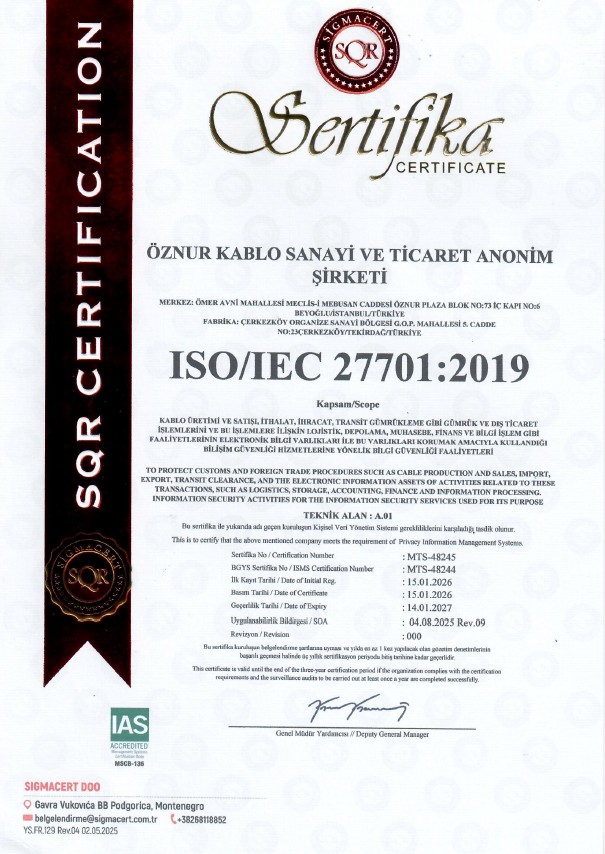 ISO/IEC 27701:2019 KİŞİSEL VERİ YÖNETİM SİSTEMİ BELGESİ